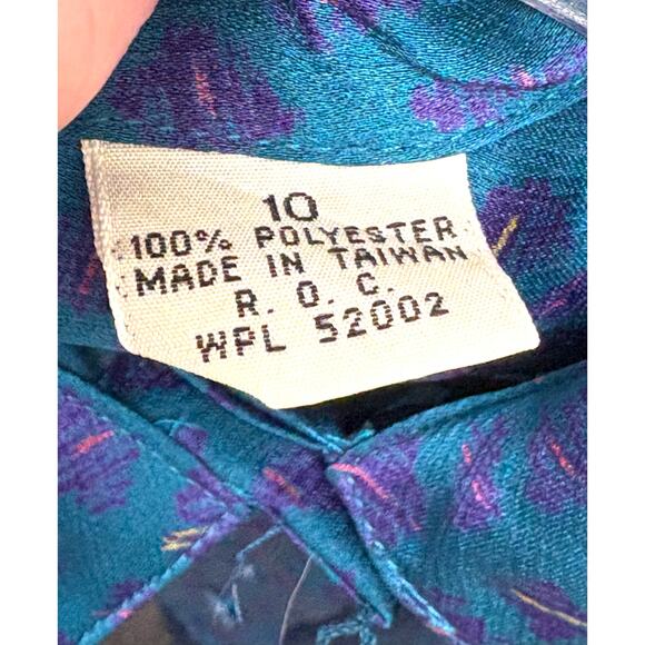 Vintage Liz Claiborne Teal Purple Print Blouson Blouse Size 10 Secretary Style - Picture 5 of 6